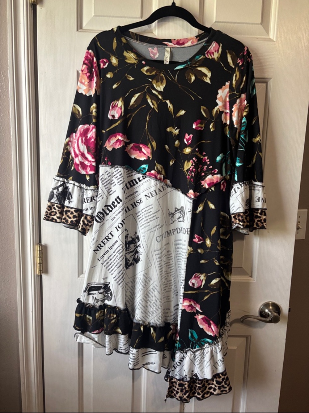 Floral and Newspaper Print Black Women’s Dress with Pink Accents